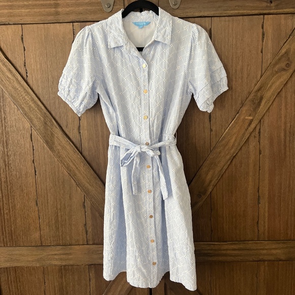 Draper James Eyelet Belted Button Front Cotton Puff Sleeve Dress Size XS - Picture 4 of 10